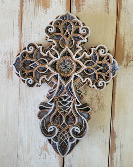 Handcrafted 8-Layer Wooden Cross - Silver & Blue