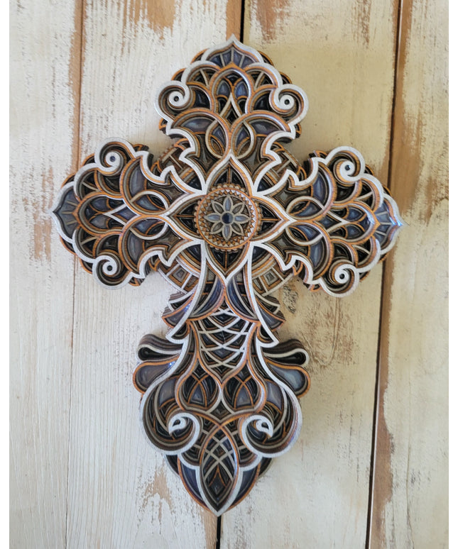 Handcrafted 8-Layer Wooden Cross - Silver & Blue