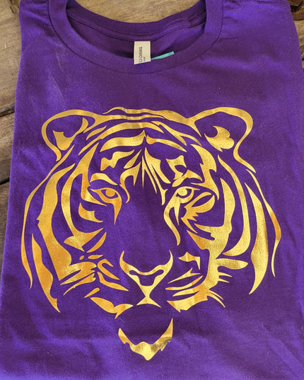 Gold Foil Tiger Design on Purple T-Shirt | Unique Fashion Statement