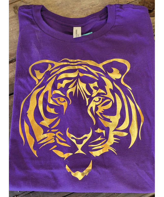 Gold Foil Tiger Design on Purple T-Shirt | Unique Fashion Statement