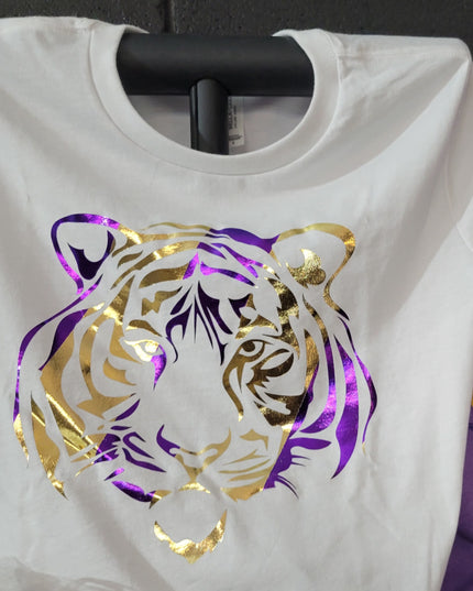 Tiger Stripe Purple & Gold Foil T-Shirt | Game Day Style & Fan Pride