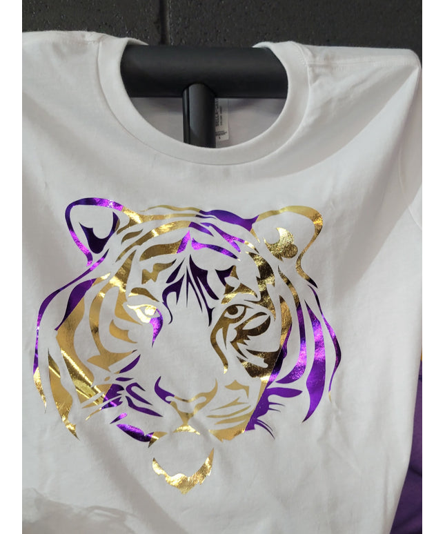 Tiger Stripe Purple & Gold Foil T-Shirt | Game Day Style & Fan Pride