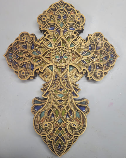 Handcrafted 8-Layer Wooden Stained Glass Cross