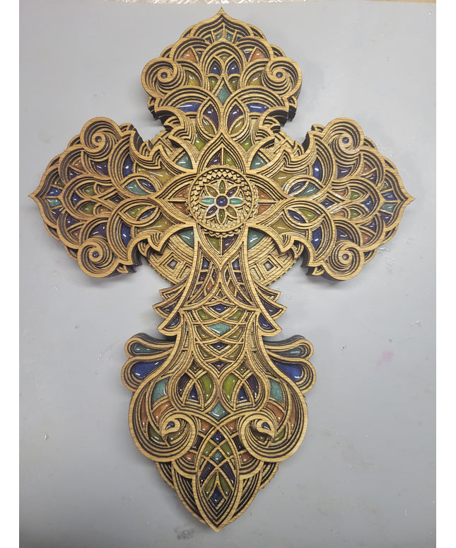 Handcrafted 8-Layer Wooden Stained Glass Cross