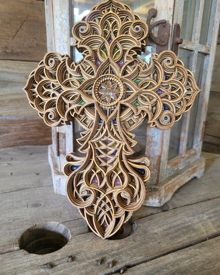 Handcrafted 8-Layer Wooden Stained Glass Cross