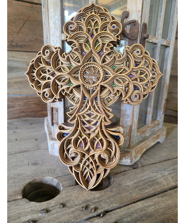 Handcrafted 8-Layer Wooden Stained Glass Cross