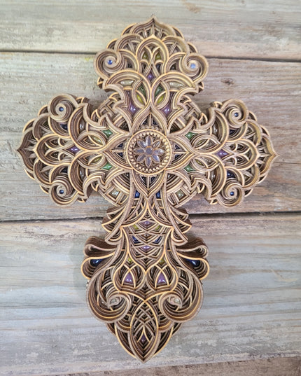 Handcrafted 8-Layer Wooden Stained Glass Cross