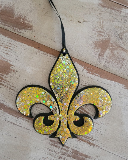 Elegant Black Fleur-de-Lis Ornament with Glitter Accents