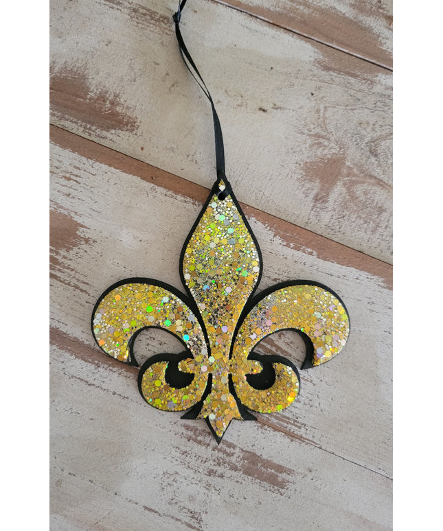 Elegant Black Fleur-de-Lis Ornament with Glitter Accents