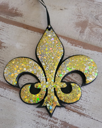 Elegant Black Fleur-de-Lis Ornament with Glitter Accents