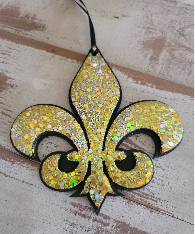 Elegant Black Fleur-de-Lis Ornament with Glitter Accents