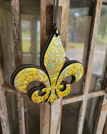 Elegant Black Fleur-de-Lis Ornament with Glitter Accents
