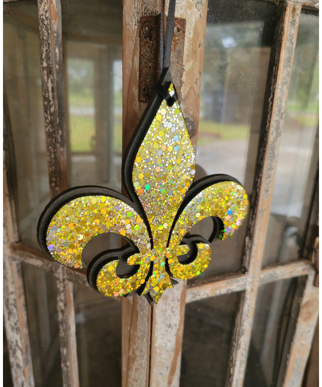 Elegant Black Fleur-de-Lis Ornament with Glitter Accents
