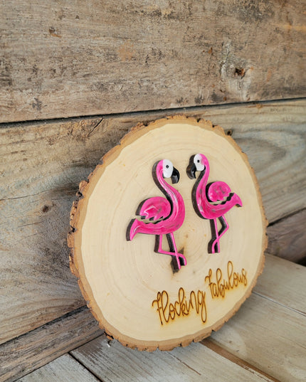 The Flocking Fabulous Flamingos Wood Round Sign