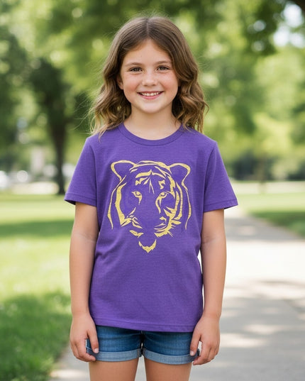 Girls' Purple & Gold Tiger on Purple Cap Sleeve Youth T-shirt