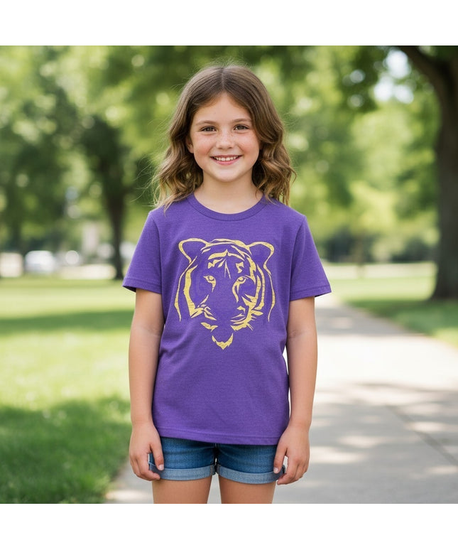 Girls' Purple & Gold Tiger on Purple Cap Sleeve Youth T-shirt