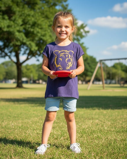 Girls' Purple & Gold Tiger on Purple Cap Sleeve Youth T-shirt
