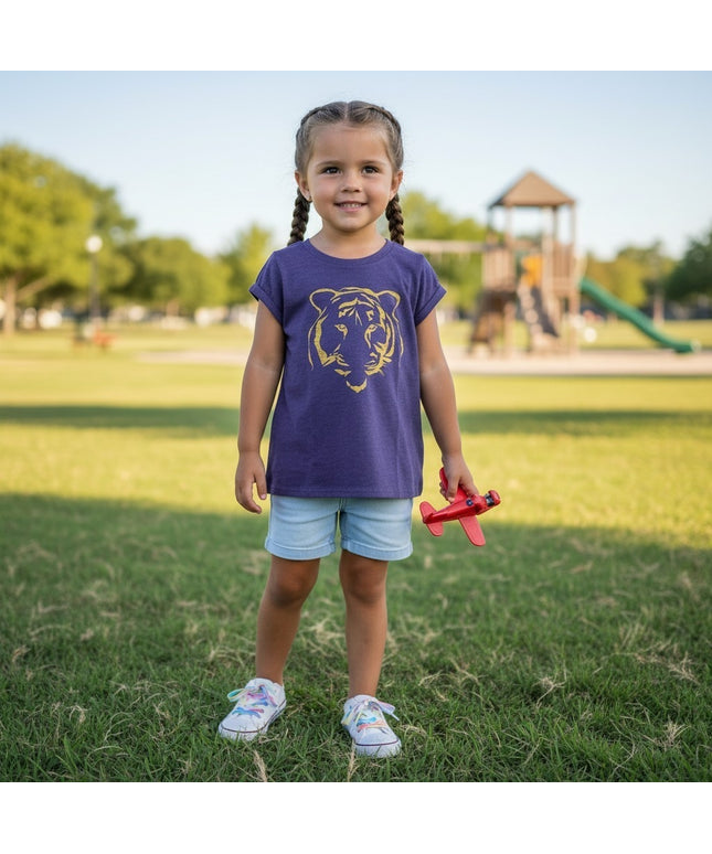 Girls' Purple & Gold Tiger on Purple Cap Sleeve Youth T-shirt