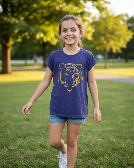 Girls' Purple & Gold Tiger on Purple Cap Sleeve Youth T-shirt