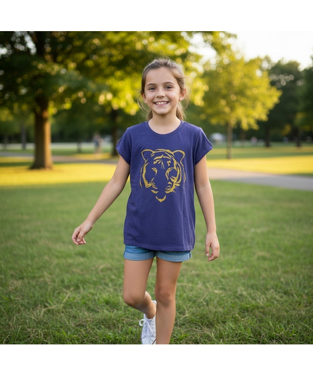 Girls' Purple & Gold Tiger on Purple Cap Sleeve Youth T-shirt