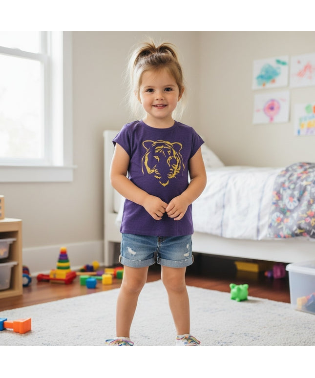Girls' Purple & Gold Tiger on Purple Cap Sleeve Youth T-shirt
