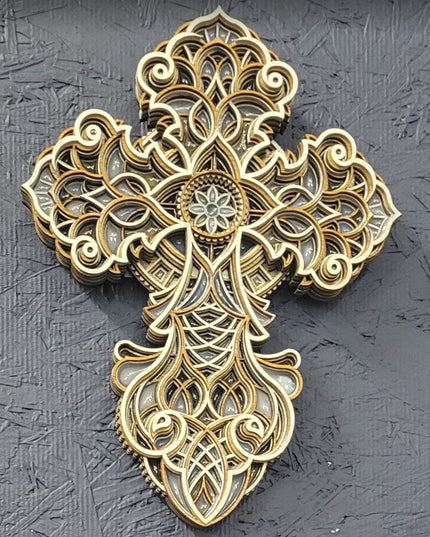 Handcrafted 8-Layer Wooden Cross - Silver & Blue