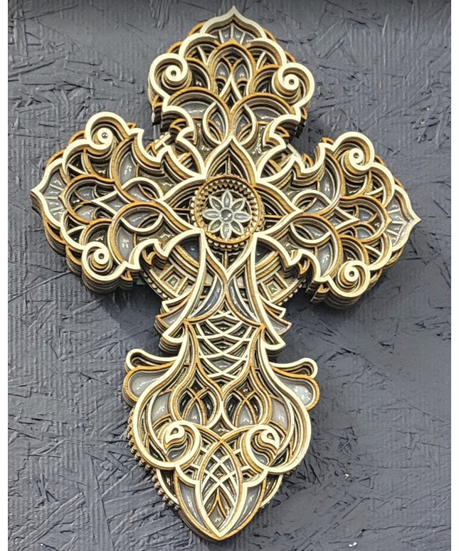 Handcrafted 8-Layer Wooden Cross - Silver & Blue