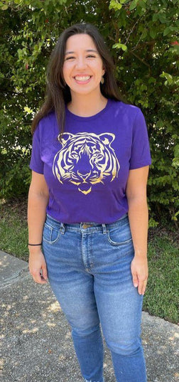 Gold Foil Tiger Design on Purple T-Shirt | Unique Fashion Statement