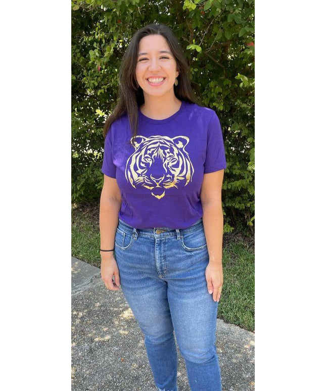 Gold Foil Tiger Design on Purple T-Shirt | Unique Fashion Statement