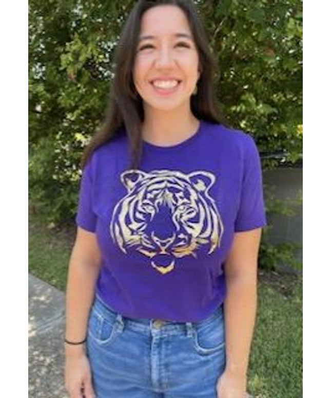 Gold Foil Tiger Design on Purple T-Shirt | Unique Fashion Statement