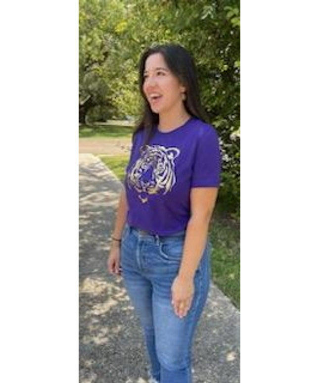 Gold Foil Tiger Design on Purple T-Shirt | Unique Fashion Statement