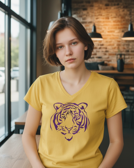 Purple Foil Tiger Design on Gold V-Neck T-Shirt | Unique Fashion Statement