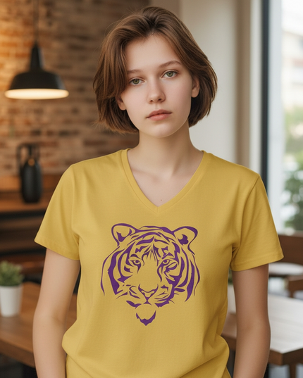 Purple Foil Tiger Design on Gold V-Neck T-Shirt | Unique Fashion Statement