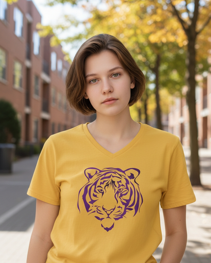 Purple Foil Tiger Design on Gold V-Neck T-Shirt | Unique Fashion Statement