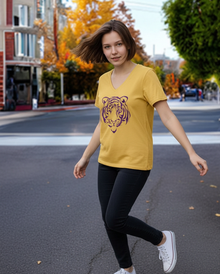 Purple Foil Tiger Design on Gold V-Neck T-Shirt | Unique Fashion Statement