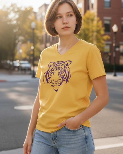Purple Foil Tiger Design on Gold V-Neck T-Shirt | Unique Fashion Statement