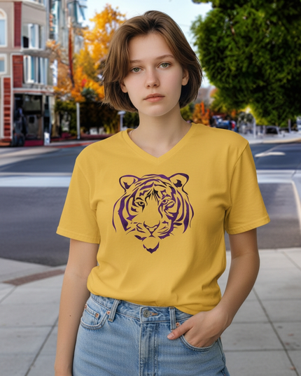 Purple Foil Tiger Design on Gold V-Neck T-Shirt | Unique Fashion Statement