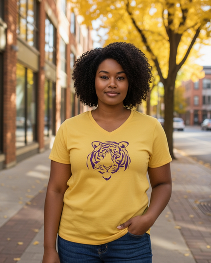Purple Foil Tiger Design on Gold V-Neck T-Shirt | Unique Fashion Statement