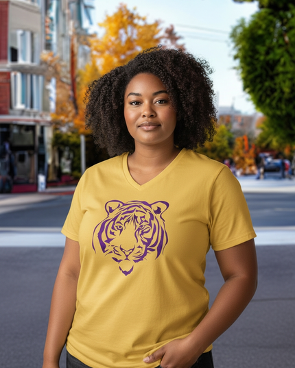 Purple Foil Tiger Design on Gold V-Neck T-Shirt | Unique Fashion Statement