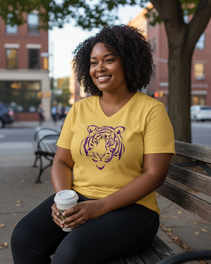 Purple Foil Tiger Design on Gold V-Neck T-Shirt | Unique Fashion Statement