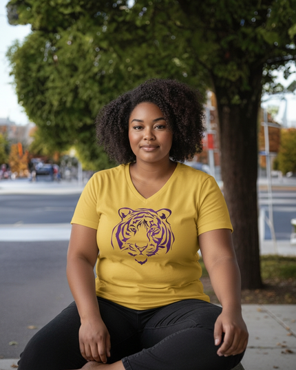 Purple Foil Tiger Design on Gold V-Neck T-Shirt | Unique Fashion Statement