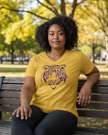 Purple Foil Tiger Design on Gold V-Neck T-Shirt | Unique Fashion Statement