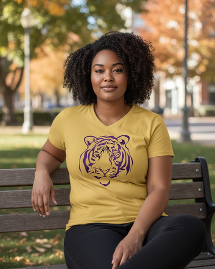 Purple Foil Tiger Design on Gold V-Neck T-Shirt | Unique Fashion Statement