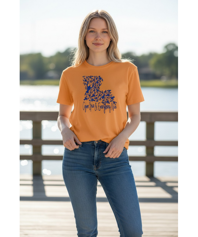 Louisiana Crawfish "Cajun Spice & Everything Nice!" Screen Print on Yellow Gold Triblend T-shirt