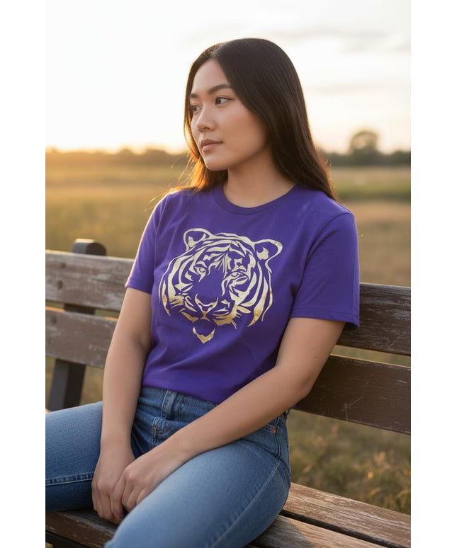 Gold Foil Tiger Design on Purple T-Shirt | Unique Fashion Statement