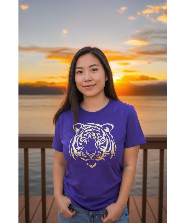 Gold Foil Tiger Design on Purple T-Shirt | Unique Fashion Statement