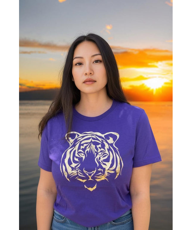 Gold Foil Tiger Design on Purple T-Shirt | Unique Fashion Statement