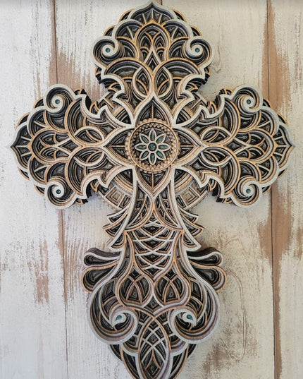 This cross has alternating layers in silver and stain.  Resin is added in the center and random spots within the cross