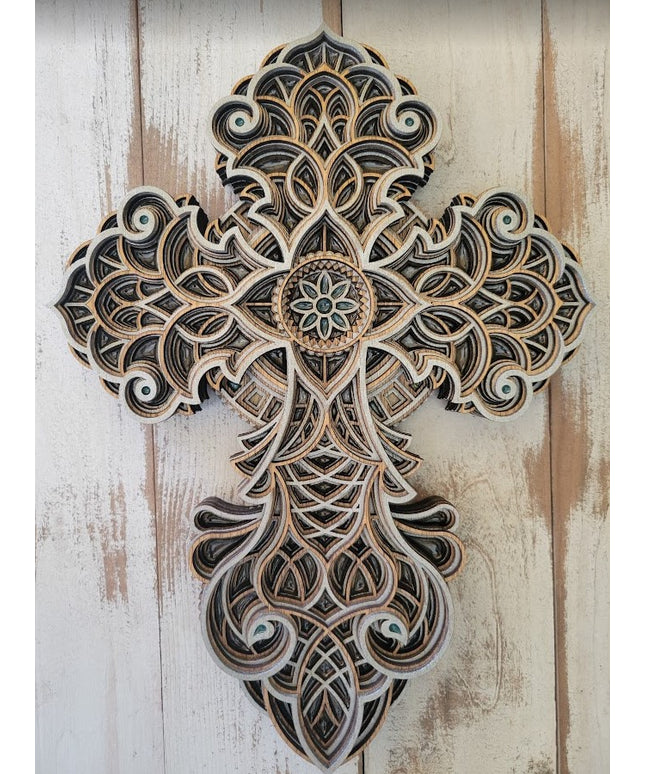 This cross has alternating layers in silver and stain.  Resin is added in the center and random spots within the cross